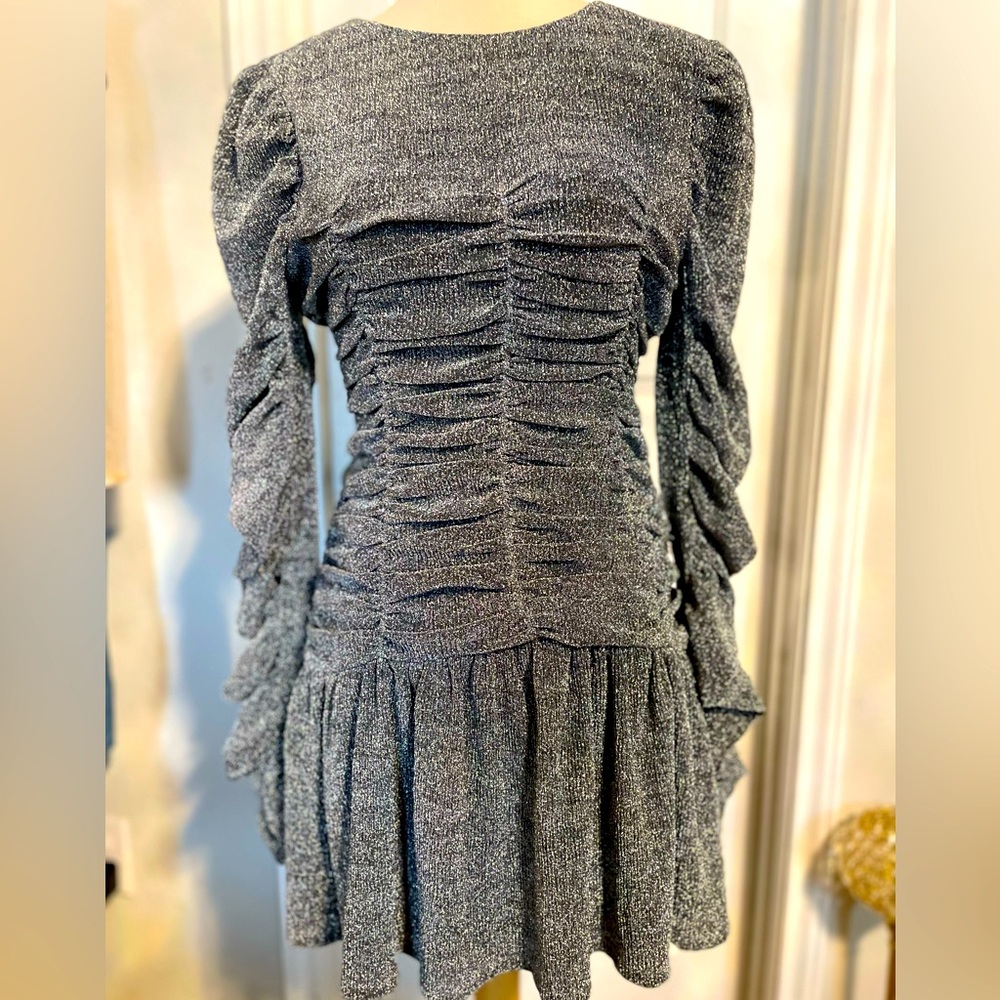 Endless Rose Metallic Gray Ruched Long Sleeve Dress